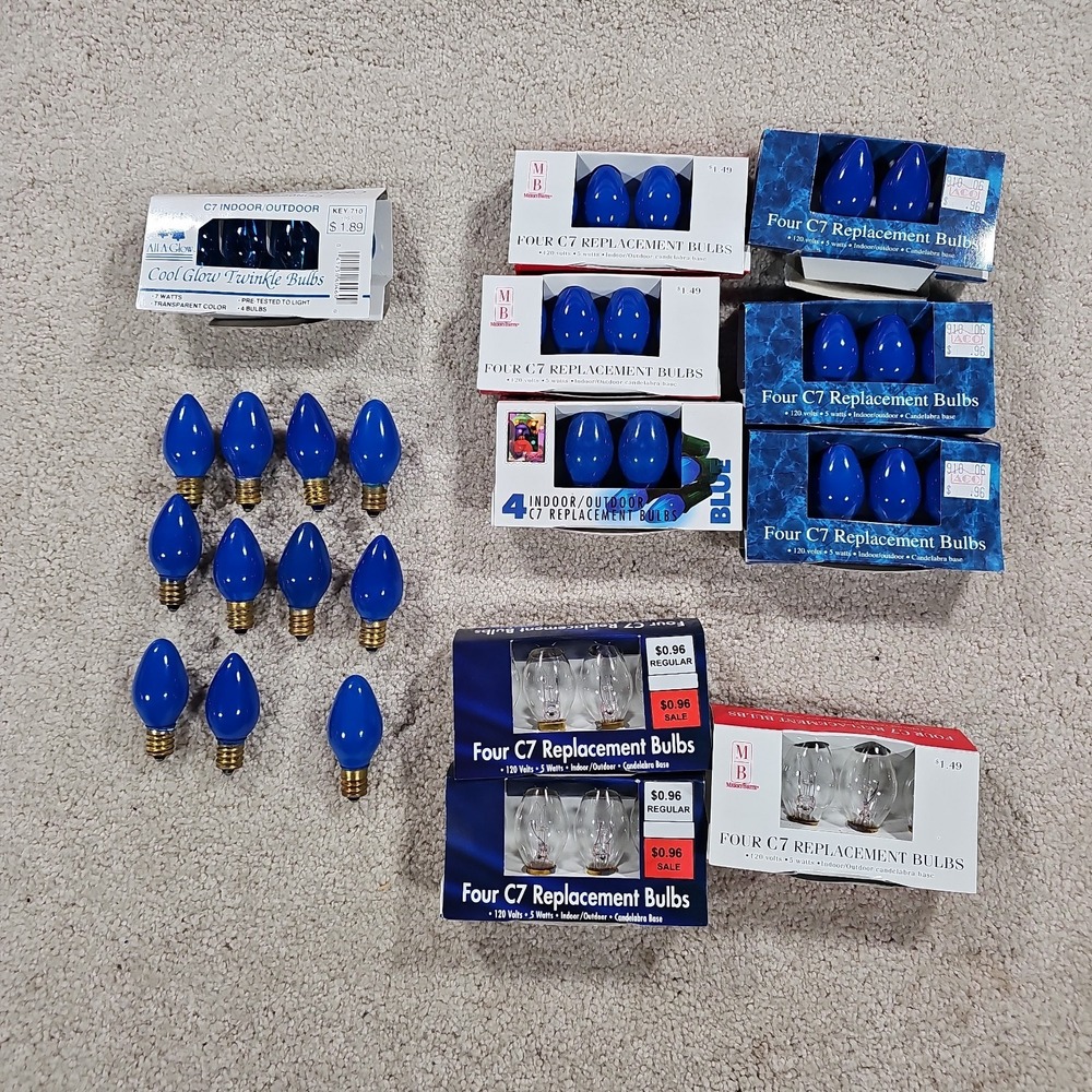 Christmas C7 Blue + Clear Light Bulbs ASSORTED 10 Packs Lot + 11 Loose